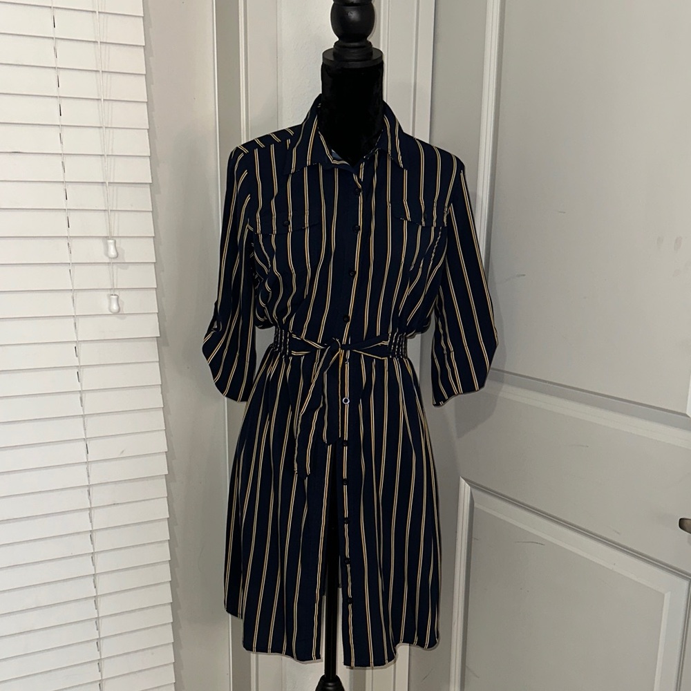 Striped Navy and Beige Shirt Dress
